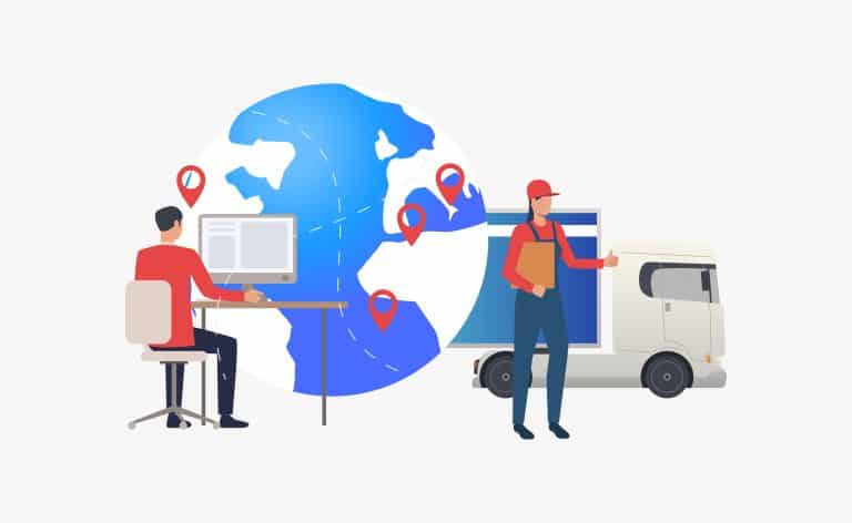 Recruiter sourcing Talent on Computer with picture of earth in background marked in several locations. Driver with thumbs up standing to the side of earth in front of delivery truck.