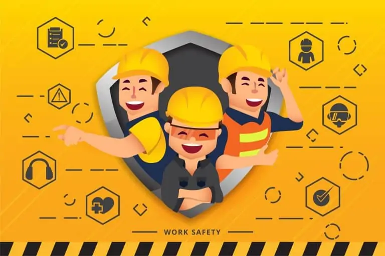 Cartoon team smiling with Safety topics displayed on left and right side