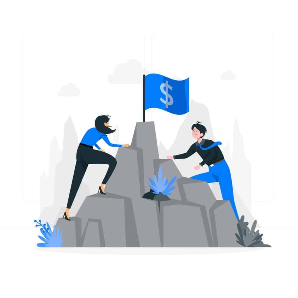 Two people in business attire climbing a mountain to reach a flag with a dollar sign on it.