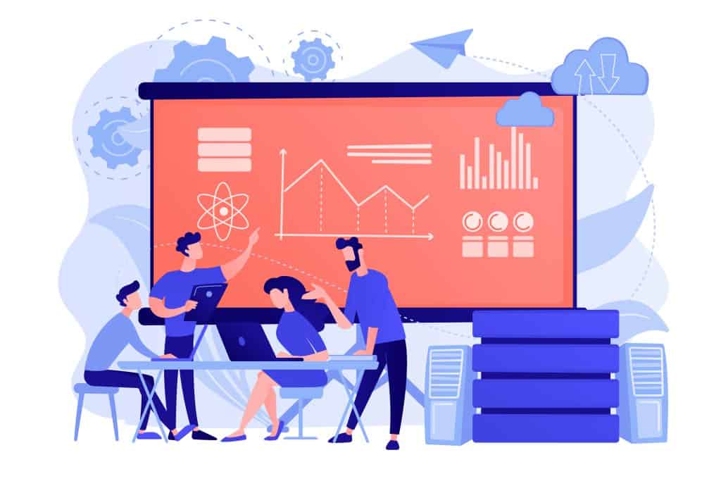 Software Engineer, Statistician, Visualizer and Analyst working on a project. Big data conference, big data presentation, data science concept. Pinkish coral bluevector isolated illustration