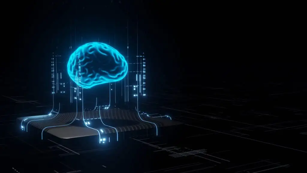 Glowing brain floating above computer hardware with advanced technology looking lines and figures flowing from hardware to the brain.