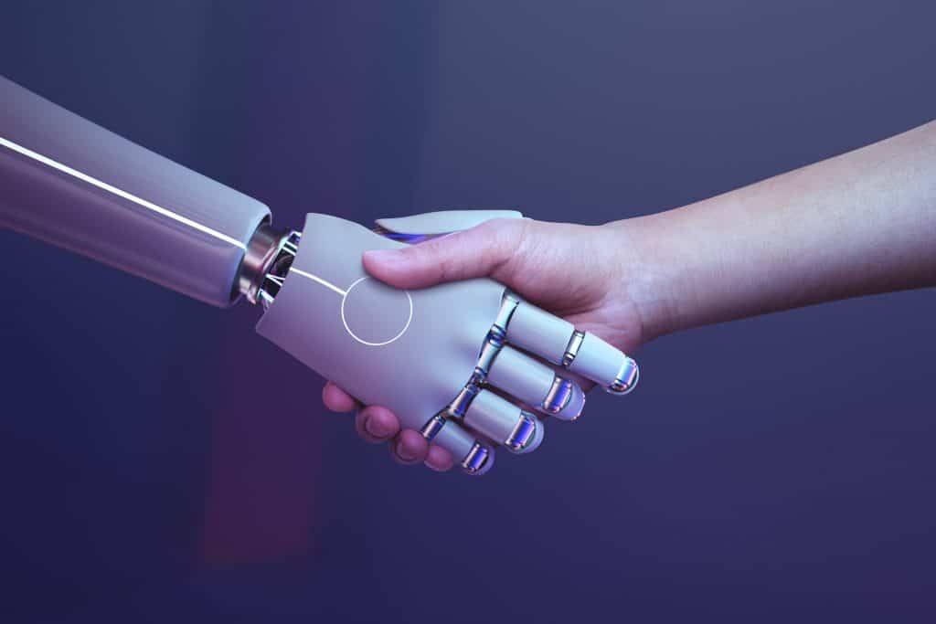 robot handshake human background futuristic digital age 1