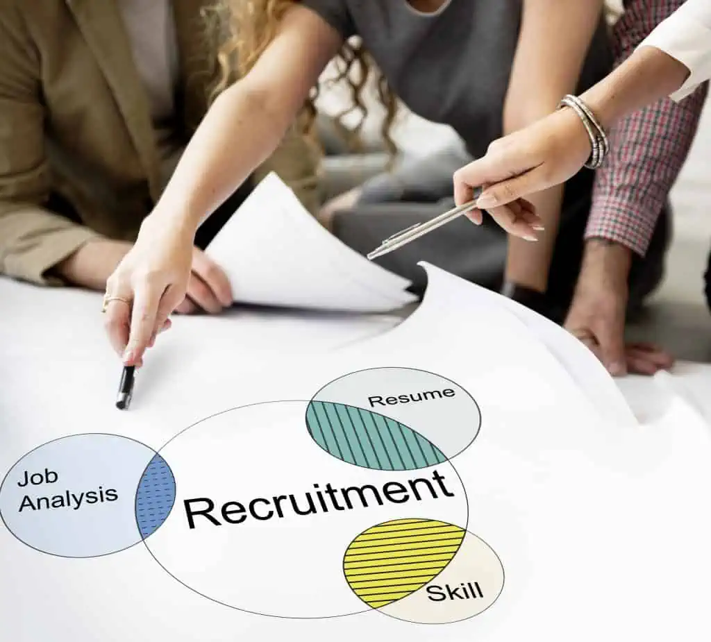 Two people pointing at a poster on the table that reads, "recruitment".