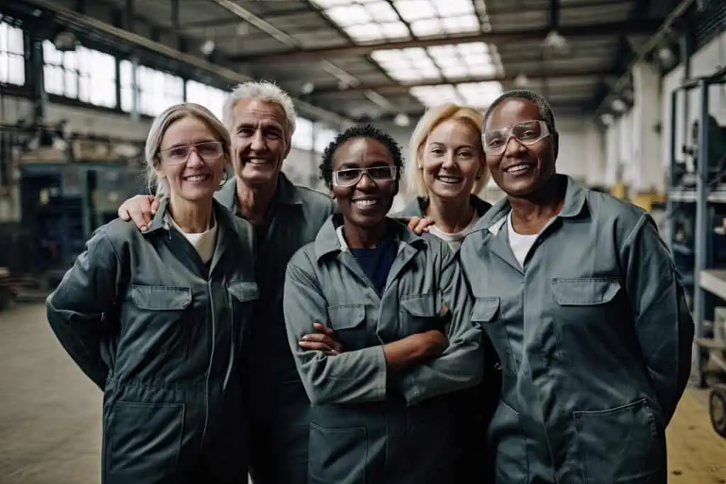 Portrait of a diverse group of industrial workers standing together in a factory. Selective focus, Generative AI
