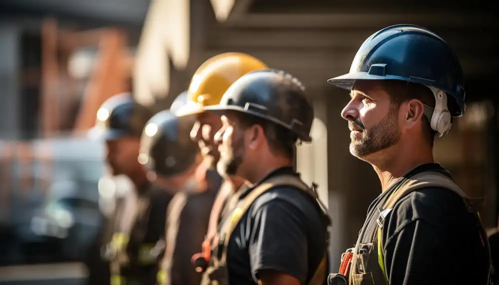 Workers wearing helmets on a construction site.