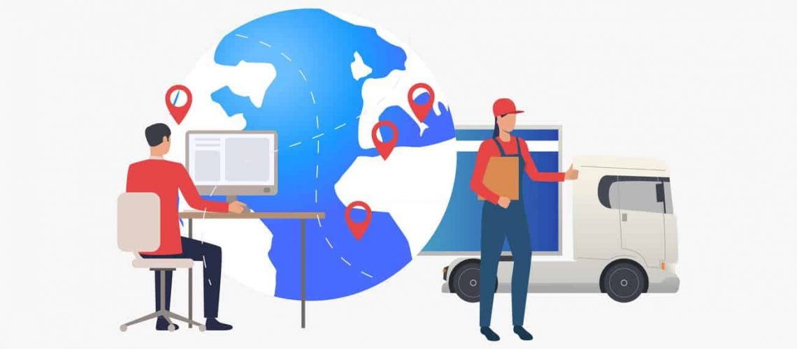 Recruiter sourcing Talent on Computer with picture of earth in background marked in several locations. Driver with thumbs up standing to the side of earth in front of delivery truck.